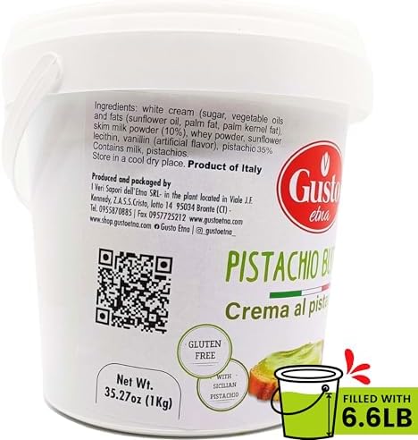 Gusto ETNA Sweet Pistachio Butter Cream, 6.6 lb (3 kg) Bulk Tub, 35% Pistachios - Pistachio Butter for filling for Knafeh Dubai Chocolate Bars and Dubai Chewey Cookie Pistachio Cream. Sweet Pistachios Spread. Sicily, Italy