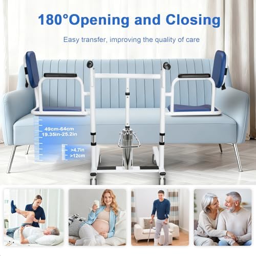 Patient Lift Transfer Chair for Home, 440lbs Capacity, 4 in 1 Patient Lift Transfer Chair with 180° Split Seat, Upgraded Rod for Height Adjustable, for Elderly Transfer to Bed/Toilet (Blue)