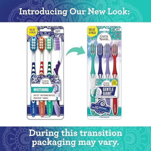 GuruNanda Gentle Giant Toothbrush with Dual Action Flossing Spiral Bristles, Non-Slip Ergo Dexa Grip, Helps in Teeth Whitening, BPA Free, (4 Count)