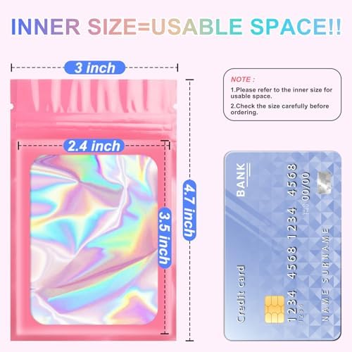 ANZNKU 100 Pieces Smell Proof Mylar Bags, Holographic Packaging Bag, Resealable Zipper Bag with Clear Window for Food Storage, Gift Bag for Easter Candy Jewelry Lash Lipgloss (Pink, 3 x 4.7 Inch)
