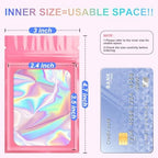 ANZNKU 100 Pieces Smell Proof Mylar Bags, Holographic Packaging Bag, Resealable Zipper Bag with Clear Window for Food Storage, Gift Bag for Easter Candy Jewelry Lash Lipgloss (Pink, 3 x 4.7 Inch)