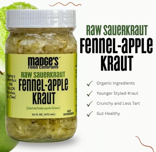 Madge's Rueben Sauerkraut | Raw unpastuerized | Probiotics enriched | Made with Organic ingredients, Pink Salt, gut healthy packed in glass jar 15 oz (Fennel Apple)