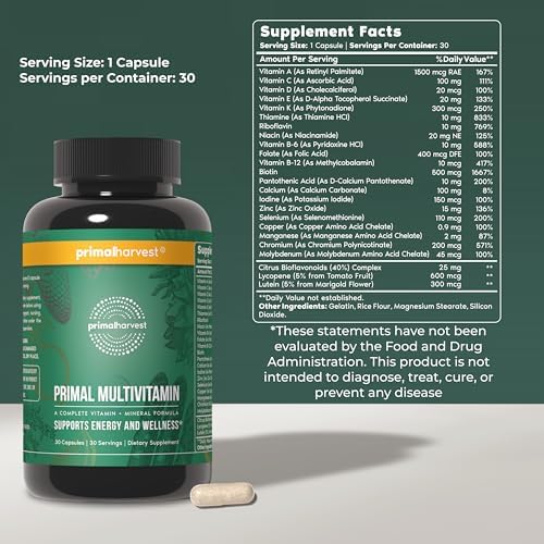 Primal Harvest Primal Multivitamin - Daily Multi-Vitamin Supplement with 21 Essential Vitamins & Minerals for Women & Men (2 Pack (30 Count))