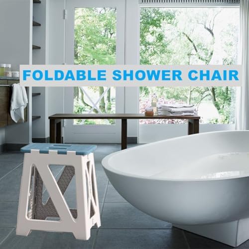 Foldable Bath Shower Safety Chair Seat Blue, Foldable and Anti-Slip Bench Bathtub Stool for Elderly or Seniors (Foldable ShowerChair 15.7" H Blue Seat Size 12.4" x 8.3“)