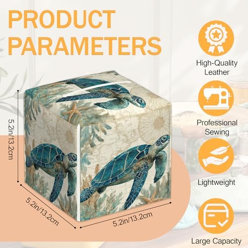 Beach Ocean Sea Turtle 2 Pcs Tissue Box Cover Square Leather Tissue Case Holder Facial Paper Organizer Decorative for Bathroom Kitchen Car Office Home Decor