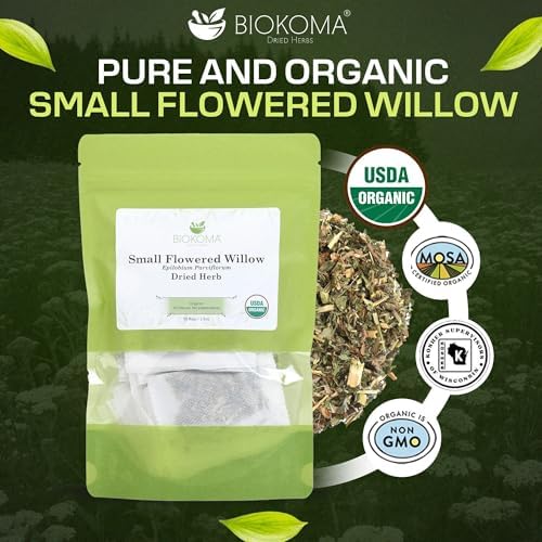 Biokoma Organic Small-Flowered Willow Dried Herb 30 Tea Bags (1.5oz) Epilobium Parviflorum USDA Organic Herbal Tea Urinary Support Prostate Health Resealable Pouch No Additives No Preservatives Kosher