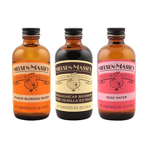 Nielsen-Massey Floral Food Flavors Bundle, Rose Water, Orange Blossom Water, Madagascar Bourbon Pure Vanilla Extract for Baking and Cooking, 4 Ounce Bottles