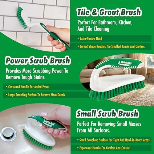 Libman Scrub Brush Kit | Cleaning Brush | Tile & Grout Brush | Small Scrub Brush | Power Scrub Brush | Carpet Brush | Bathroom Scrubber | Boot Scrubber | 3 Different Brushes Included