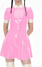 Female Turndown Collar Leather Dress Casual Short Sleeve Mini Dress Buttons PVC Dress,Light Pink,S
