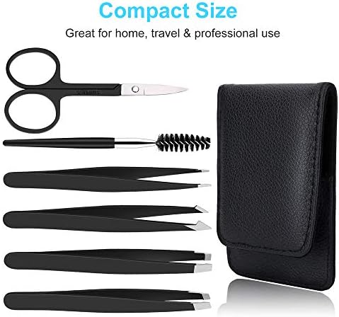 UUBAAR 6 PCS Professional Tweezers Set - Stainless Steel Precision Tweezer Kit for Eyebrows, Facial Hair, Ingrown Hair & Splinter Removal with Travel Case (Black)