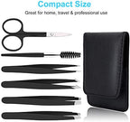 UUBAAR 6 PCS Professional Tweezers Set - Stainless Steel Precision Tweezer Kit for Eyebrows, Facial Hair, Ingrown Hair & Splinter Removal with Travel Case (Black)