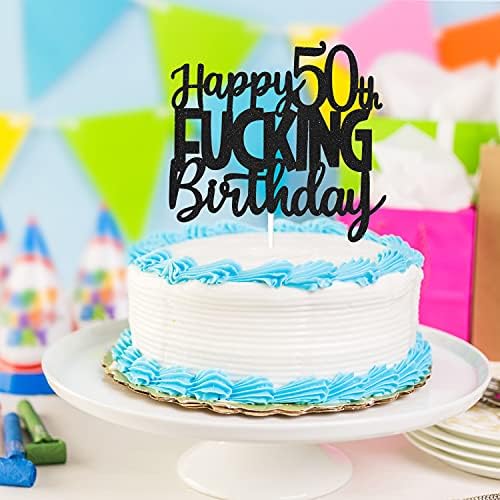 Happy 50th Fuxking Birthday Cake Topper - Funny Black Glitter 50 & Fabulous Party Supplies - Cheers to 50 Years Party Cake Decoration