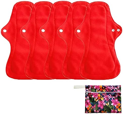 6Pcs Resuable Waterproof Menstrual Pad Sets Including 1Pc Mini Wet Bag and 5Pcs Heavy Flow Red Color Microfleece Stay Dry Menstrual Pads Mama Cloth Sanitary Napkins…