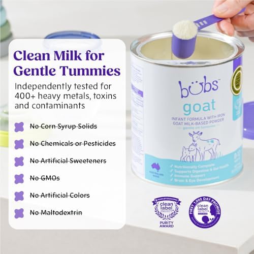 Bubs Whole Goat Milk Formula with Iron, Goat Milk-Based Powder, for Infants 0-12 Months, Made with Non-GMO Goat Milk, 20 oz