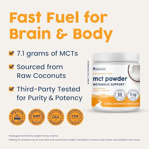 NativePath MCT Oil Powder Supplement - Unflavored MCT Powder with Keto-Friendly C8 MCTs. Free of Dairy, Gluten and GMOs, 25 Servings