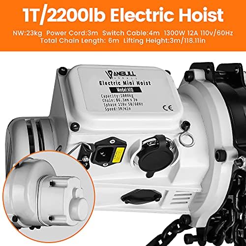 ANBULL 2200lbs FEC Chain Electric Lift Hoist Single Phase Overhead Crane Hoist, DT Grade Carburized Double Chain Hoist with Two 360° Rotatable Hook for Garage Ceiling.(1Ton, 110V,10ft Lift Height)