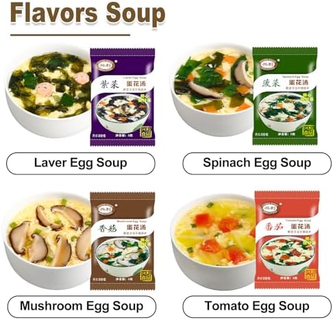 Egg Flower Soup Mix, Vegetable Mix Soup with 4 Flavors (Laver, Spinach, Mushroom, Tomato), 0.3 Ounce (20 Pack)
