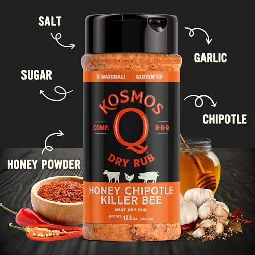 Kosmos Q Honey Chipotle Killer Bee BBQ Dry Rub, Sweet and Spicy Seasoning with Sugar, Chipotle, Garlic & Paprika for Ribs, Pulled Pork, Chicken, Dry Rub For Smoking & Grilling, 12.6 Oz Shaker Bottle