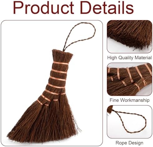 Fasmov 3 Pack Bonsai Broom Brush, Natural Straw Broom with Embroidery Nylon Thread Handle with Hanger, Whisk Broom Hand Brush Car Broom for Cleaning Dustpan Desktop