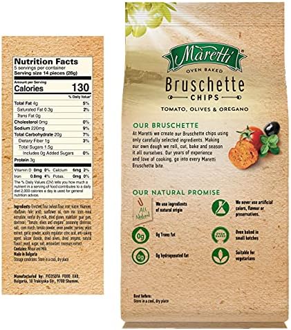 Maretti - Bruschette Chips with Tomato, Olives & Oregano - All Natural Oven Baked Bagel Chips - Good for Vegetarians - Party Snacks Thin Bagels - No Artificial Colors and Flavor 5 oz. (Pack of 6)