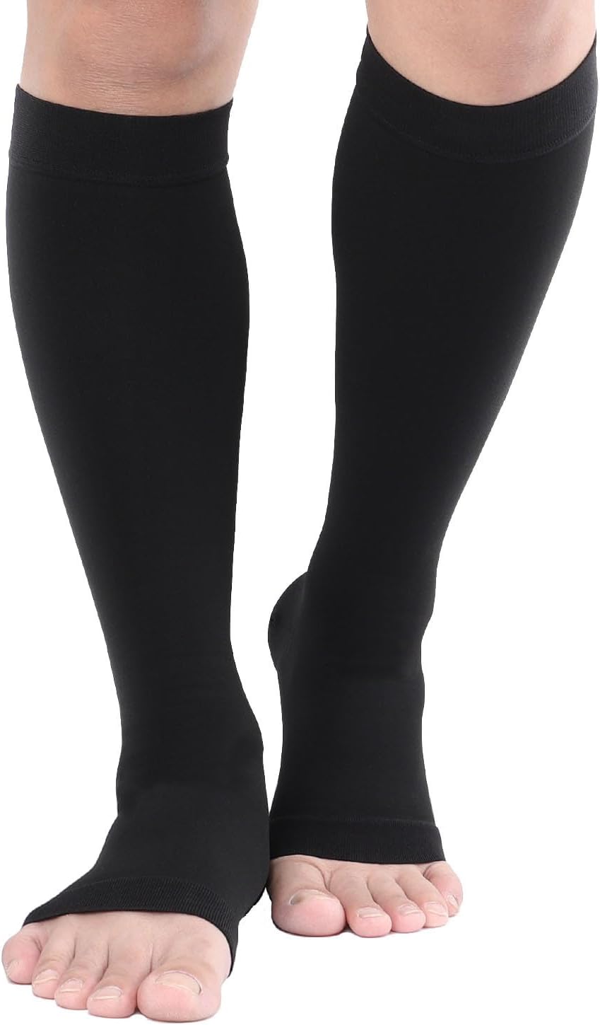 TOFLY® Knee High Compression Stockings, Open-Toe, Firm Support 15-20mmHg Opaque Maternity Pregnancy Compression Socks, Ankle & Arch Support, Swelling, Varicose Veins, Edema Black XXL