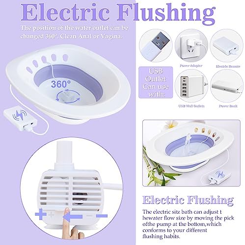 RUGUO Electric Sitz Bath for Toilet Seat, Unisex Sitz Bath Soak Tub, Sits Bath Kit for Women, for Soothes Hemorrhoids & Postpartum Care, Automatic Flushing - Purple