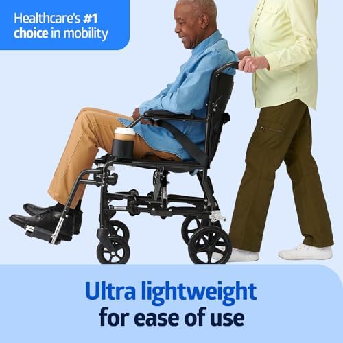 Medline Ultra Lightweight Transport Wheelchair for Adults, Foldable, 19-Inch Seat Width, Black Frame, Black Upholstery