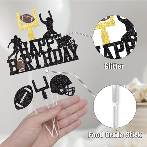 Football Cake Topper, Happy Birthday Cake Topper, Football Cake Decorations, Football Theme Birthday Party Cake Decor Supplies for Boys Men, Black Glitter Cake Decoration