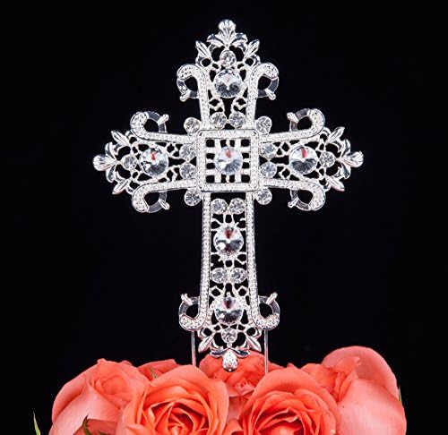 LOVENJOY Silver Cross Cake Topper Large for Confirmation, Gift Box, Crystal Rhinestone