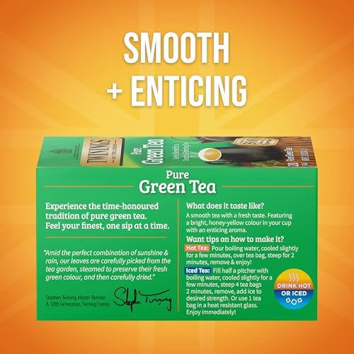 Twinings Pure Green Tea Individually Wrapped Bags, 20 Count (Pack of 6), Smooth Flavour, Enticing Aroma, Caffeinated, Enjoy Hot or Iced, 120 Teabags