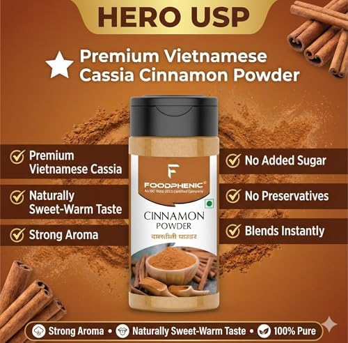 Foodphenic Cinnamon (Dalchini) Powder 3.5 OZ – Premium Vietnamese Cassia with Rich Aroma & Naturally Sweet-Warm Taste | Perfect for Chai, Coffee, Oats, Baking, Cookies, Smoothies, Curry & Desserts | 100% Pure & Natural