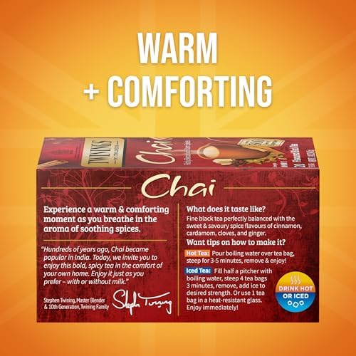 Twinings Chai Black Tea Individually Wrapped Bags, 20 Count (Pack of 1), Sweet, Savoury Spices, Caffeinated, Enjoy Hot or Iced, 20 Teabags