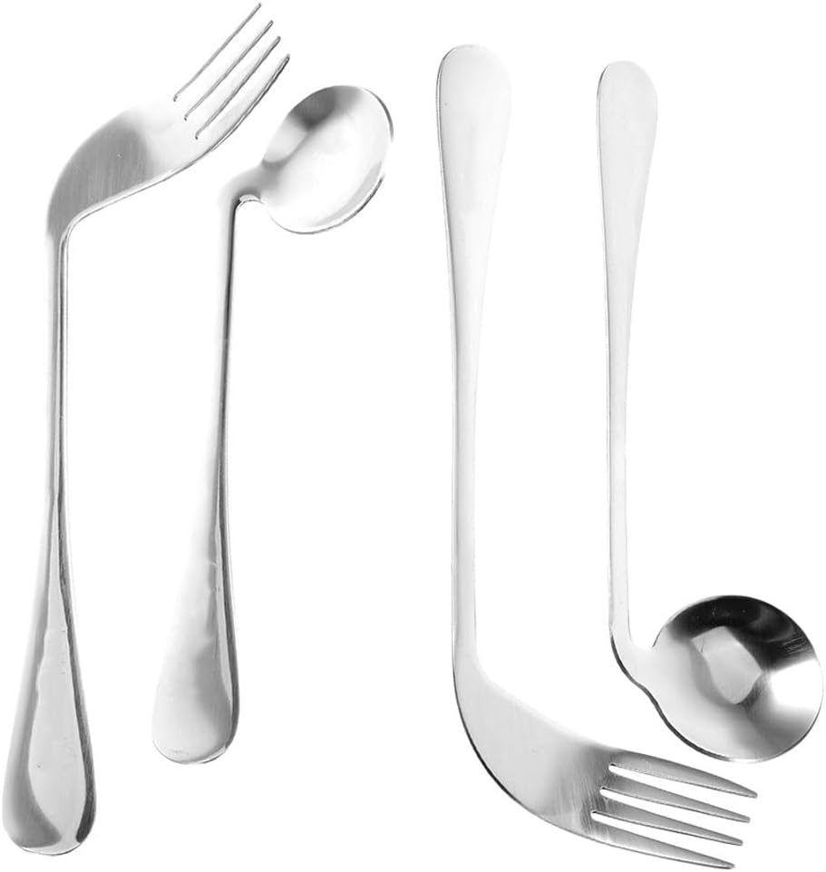 Adaptive Utensils Set - Curved Stainless Steel Spoon and Fork for Elderly, Adults with Tremors, Comfortable Angled Handle Design for Easy Feeding at Home (4pcs)