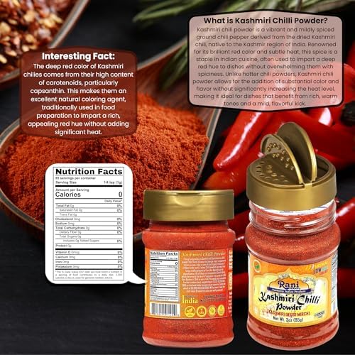 Rani Kashmiri Chilli Powder (Deggi Mirch, Low Heat) Ground Indian Spice 85g PET Jar ~ All Natural | Salt-Free | Vegan | Kosher | Gluten Friendly | Perfect for Deviled Eggs & Other Low Heat Dishes