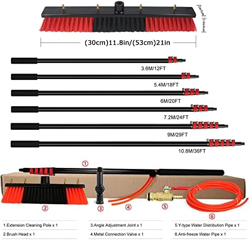 ANUU Telescopic Extension Pole Cleaning Kit for Cleaning Window Solar Panels Water Fed Pole Kit with 4-Hole Water Fed Brush Head Red (12-39Feet),30cmbrush-20FT/6M