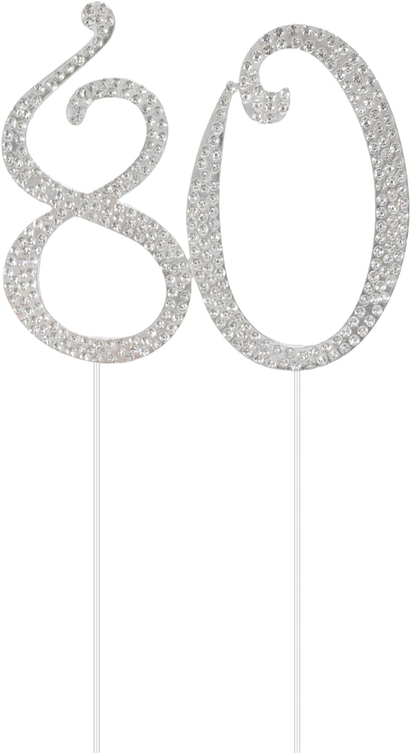 Honbay 80 Birthday Cake Topper Sparkling Bling Alloy Crystal Rhinestones Cake Topper Cake Decoration for 80th Birthday or Anniversary Party (Silver)