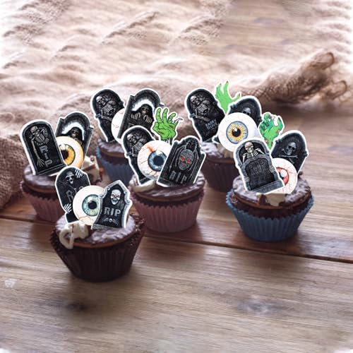 60 Pack Edible Halloween Tombstone Zombie Horrible Cupcake Toppers Zombie Hands Rice Paper Wafer Paper Cupcake Picks for Halloween Eyeballs Baby Shower Kids Birthday Cake Decorations Party Supplies