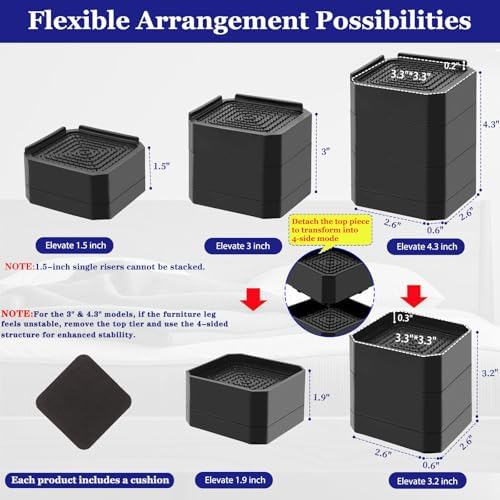 Bed Risers Heavy Duty, Adjustable Furniture Riser Blocks Lift 1.5, 3, 4.3 inches for Couch Table Desk Sofa Chair Legs, Refrigerator, Washing Machine - Support up to 4000 lbs (Black 4 Pack, 3 inch)