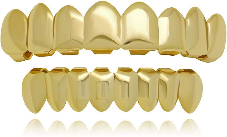 LuReen 8 Teeth Grillz 14k Gold Top and Bottom Grills Set Shiny Hip Hop Teeth Grillz + Extra Molding Bars for Halloween Costume Cosplay