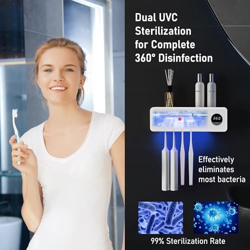 UV Toothbrush UV Light Cleaning Holder - Rechargeable Tooth Brush Smart Cleaner with Light Cleaning Air Drying - Bathroom Wall Mount Holders Cleaning and Drying