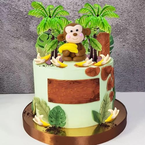 11 PCS Monkey Cake Topper with Coconut Trees Banana Cake Decoration for Jungle Safari Animal Themed Birthday Baby Shower Party Supplies