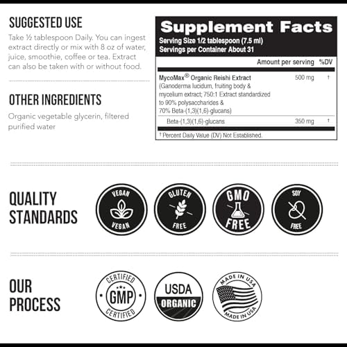 Organic Reishi Mushroom Extract - 70% Beta Glucans - Highest Active Nutrient Levels, Max Potency Cordyceps Tincuture, US Grown + Ultrasonic Extraction - Energy, Immunity, Sleep and Stress - 8 oz.