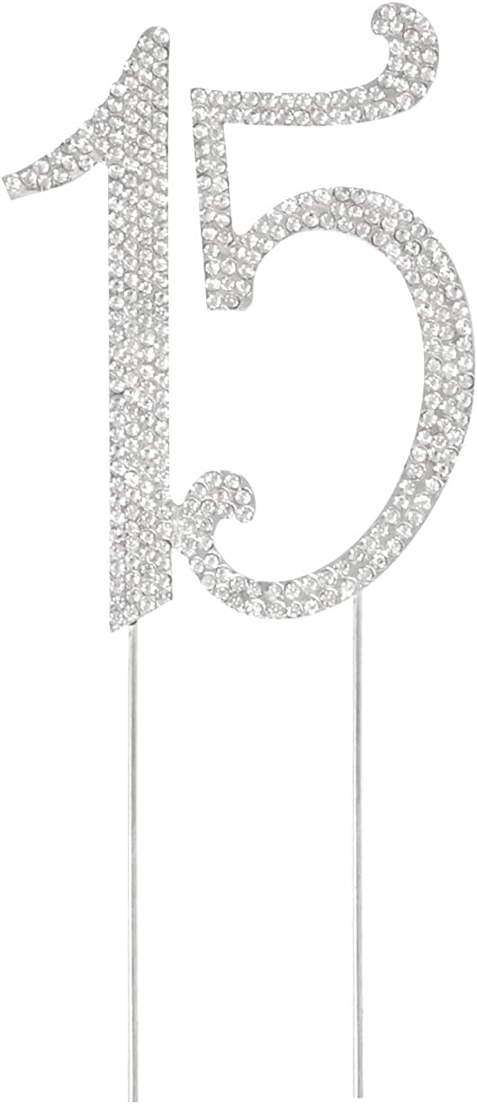 Honbay 15 Birthday Cake Topper Sparkly Bling Alloy Crystal Rhinestones Cake Topper Cake Decoration for 15th Birthday or Anniversary Party (Silver)