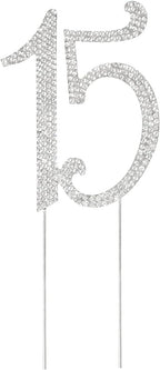 Honbay 15 Birthday Cake Topper Sparkly Bling Alloy Crystal Rhinestones Cake Topper Cake Decoration for 15th Birthday or Anniversary Party (Silver)
