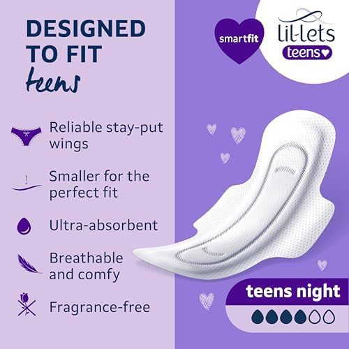 Lil-Lets Teens Night Pads with Wings - 50 Count Period Pads - Thin, Super Absorbent Sanitary Napkins, Soft & Breathable, Fragrance Free - First Periods, Heavy Flow Nights *Packaging May Vary*