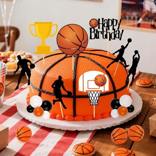 Hooqict 26Pcs Basketball Cake Decorations Set with Mini Balls, Players, Happy Birthday Basketball Cake Toppers & Cupcake Toppers for Kids Boys Men Sports Themed Basket Ball Birthday Party Decorations