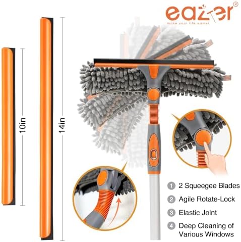 Eazer Squeegee Window Cleaner Tool, 2 in 1 Rotatable Window Cleaning Squeegee Kit with Extension Pole, 62'' Window Washing Kit, Bendable Head for Car Glass - 2 Scraper