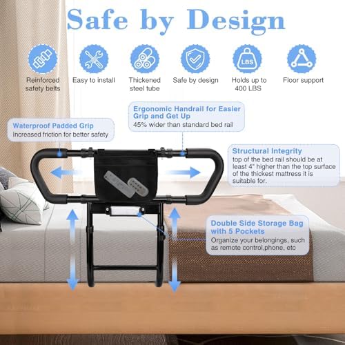 Bed Rails for Elderly Adults Safety: Adjustable Bedside Assist Rails with Storage Pockets, Non-Slip Handles, Items for Elderly Bed Rail, 400LB Gravity Capacity Black