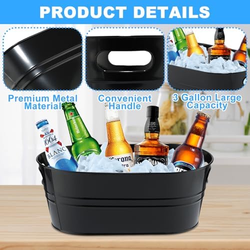 4Pcs 3 Gallon Black Galvanized Bucket Ice Bucket Large Metal Drink Buckets for Parties Beer Beverage Tub with Scoops for Champagne Cocktails Wine Cooling for Mimosa Bar Supplies