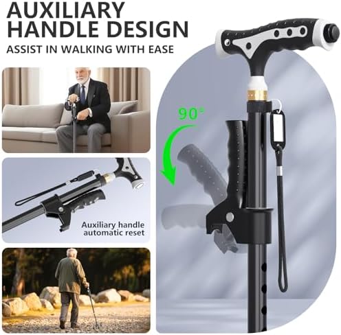 Hold 440 lbs Walking Cane for Seniors Aluminum Alloy Lightweight Height Adjustable Walking Stick Heavy Duty Foldbale Free Standing Cane with LED for Men and Women Adults